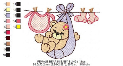 Baby Bear Clothesline Embroidery Design – Gender Reveal Machine Pattern (Digital Download)