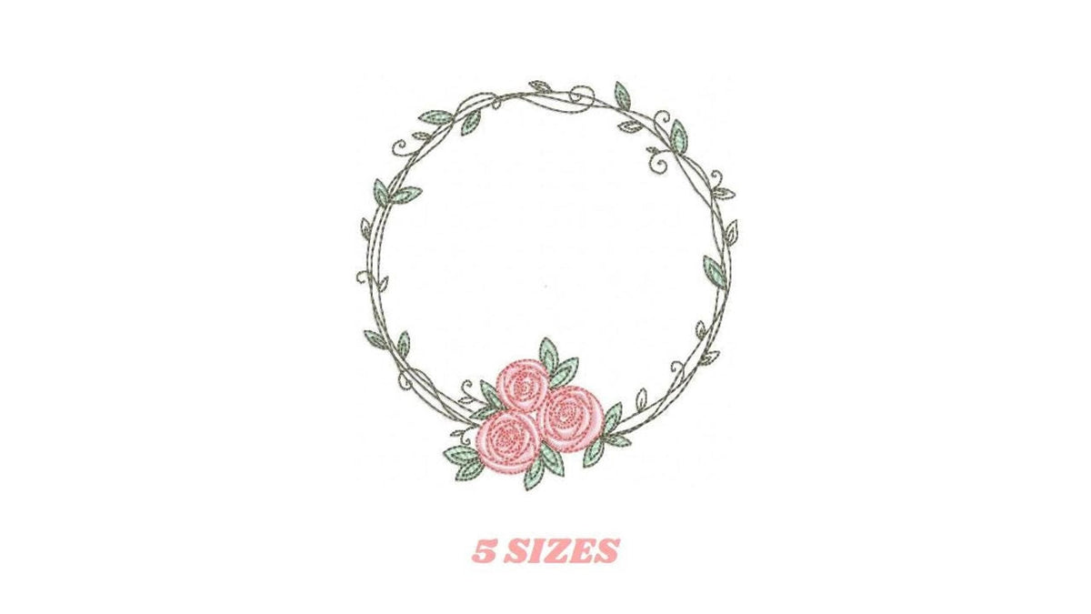 Small preview laurel wreath with soft pink roses at base, labeled 5 sizes, rose wreath monogram embroidery design