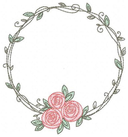 Close view of delicate laurel circle, thin vines and green leaves, three pink roses at bottom, circle frame embroidery design