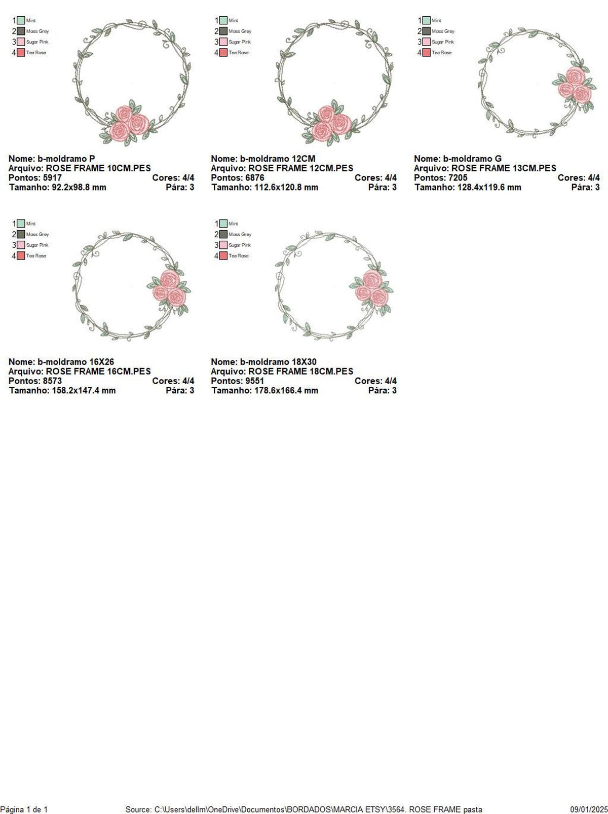 Grid of five wreath size thumbnails showing scale variations and rose placements, complete rose wreath monogram embroidery design set