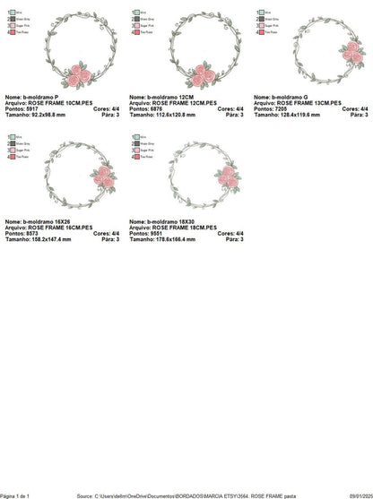 Grid of five wreath size thumbnails showing scale variations and rose placements, complete rose wreath monogram embroidery design set