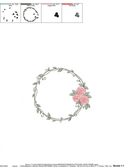 Small circular laurel frame with three soft roses at right, ideal for burp cloth monogram embroidery design and nursery wreath projects