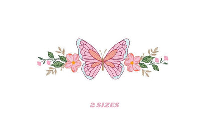 Small centered rippled pink butterfly with green leaves and peach flowers, butterfly floral embroidery design, two sizes note