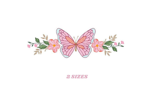 Small centered rippled pink butterfly with green leaves and peach flowers, butterfly floral embroidery design, two sizes note
