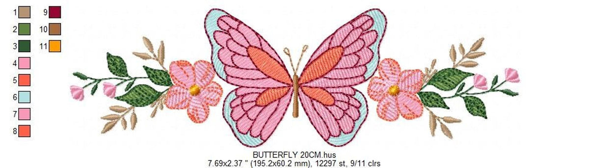 Full-width rippled stitch pink butterfly with green leaf clusters, spring floral embroidery pattern with color legend