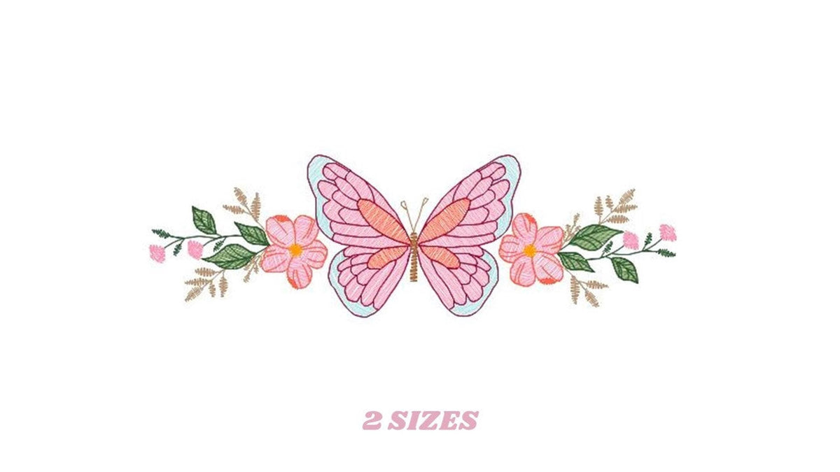 Centered pastel butterfly border with green foliage and a two sizes label below, sweet butterfly floral embroidery design for linens