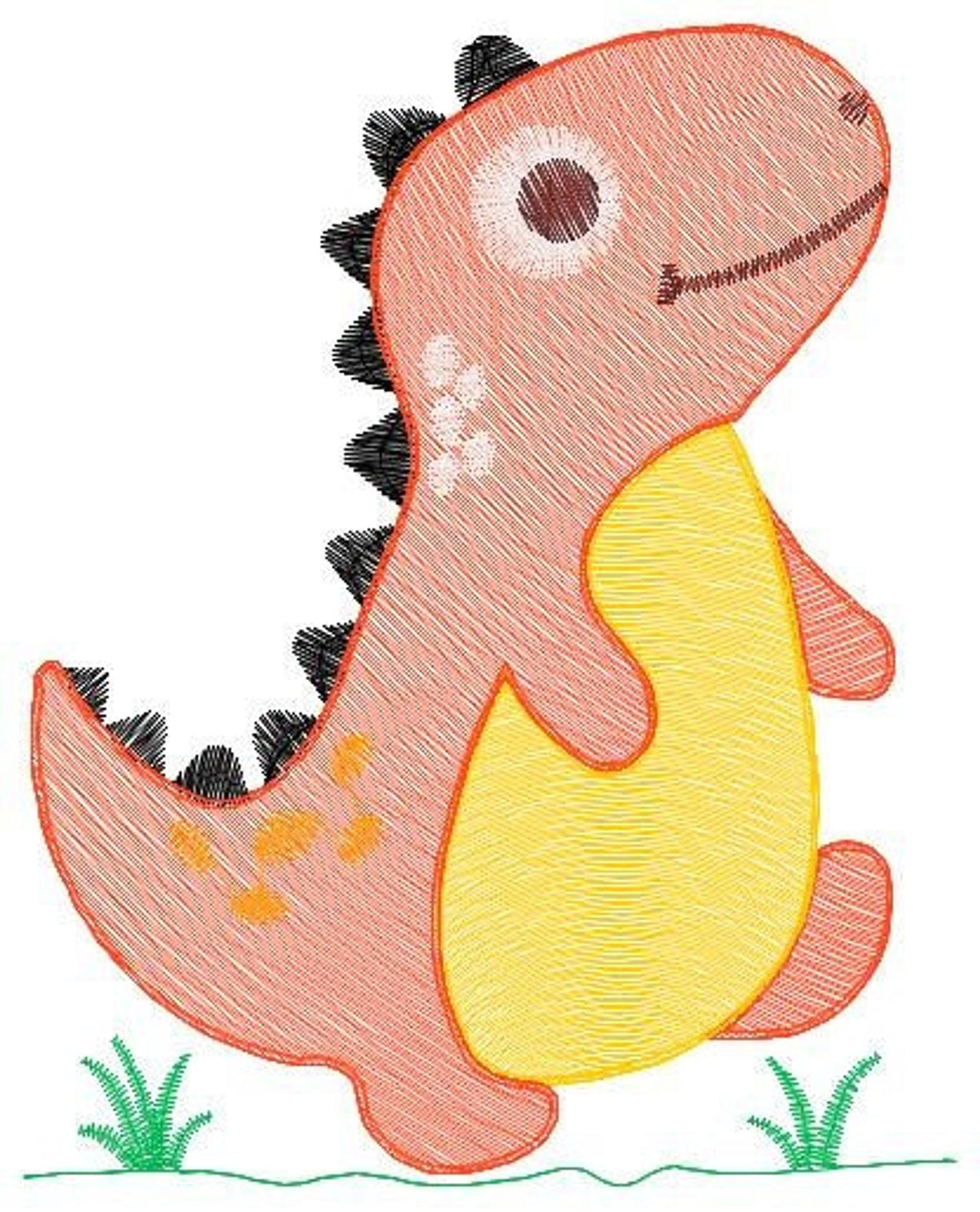 Close-up medium t rex dinosaur embroidery design, orange and yellow with rippling fill texture and pink cheeks
