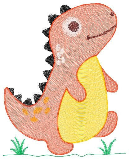 Close-up medium t rex dinosaur embroidery design, orange and yellow with rippling fill texture and pink cheeks