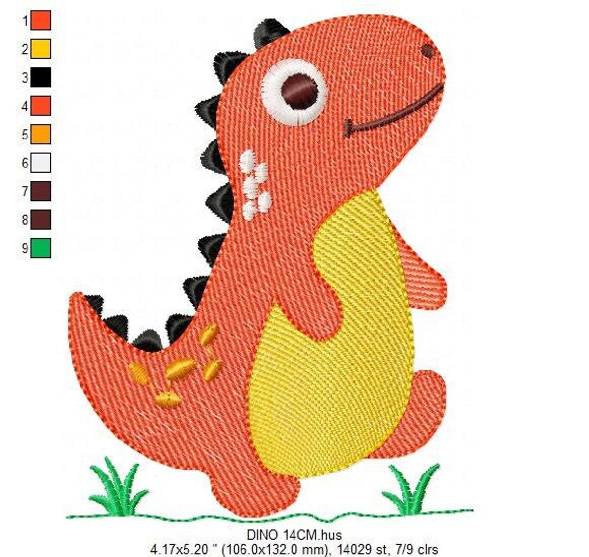 Largest t rex dinosaur embroidery design, detailed dark spine plates, stitch counts and color chart visible at left