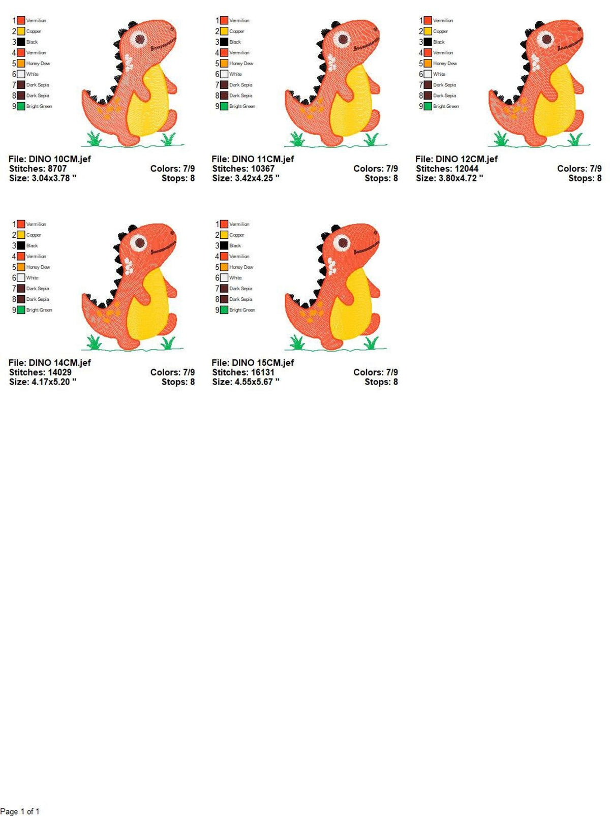 Layout showing all five sizes of the t rex dinosaur embroidery design, small thumbnails, color charts and format notes