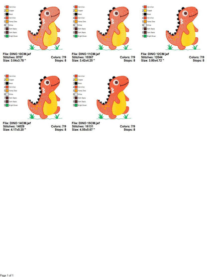 Layout showing all five sizes of the t rex dinosaur embroidery design, small thumbnails, color charts and format notes