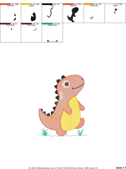 Tiny standalone t rex dinosaur embroidery design preview, cute cartoon baby dinosaur on grass, digital download file only