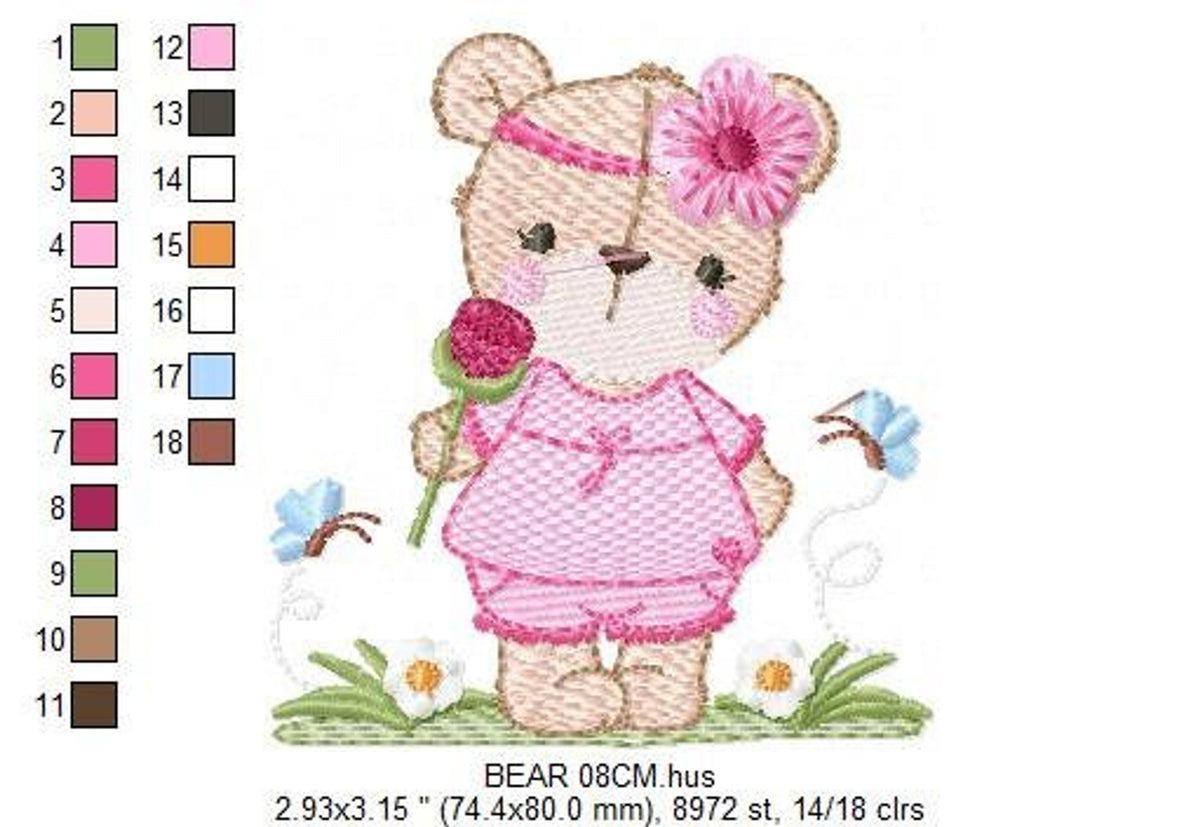 Teddy bear embroidery design preview with thread color chart at right, and size measurements below the motif