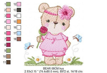 Teddy bear embroidery design preview with thread color chart at right, and size measurements below the motif