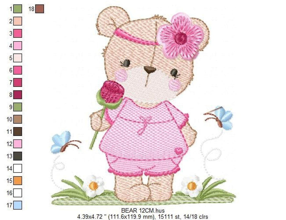 Medium preview of teddy bear embroidery design, vertical thread color blocks on left, grass and tiny daisy