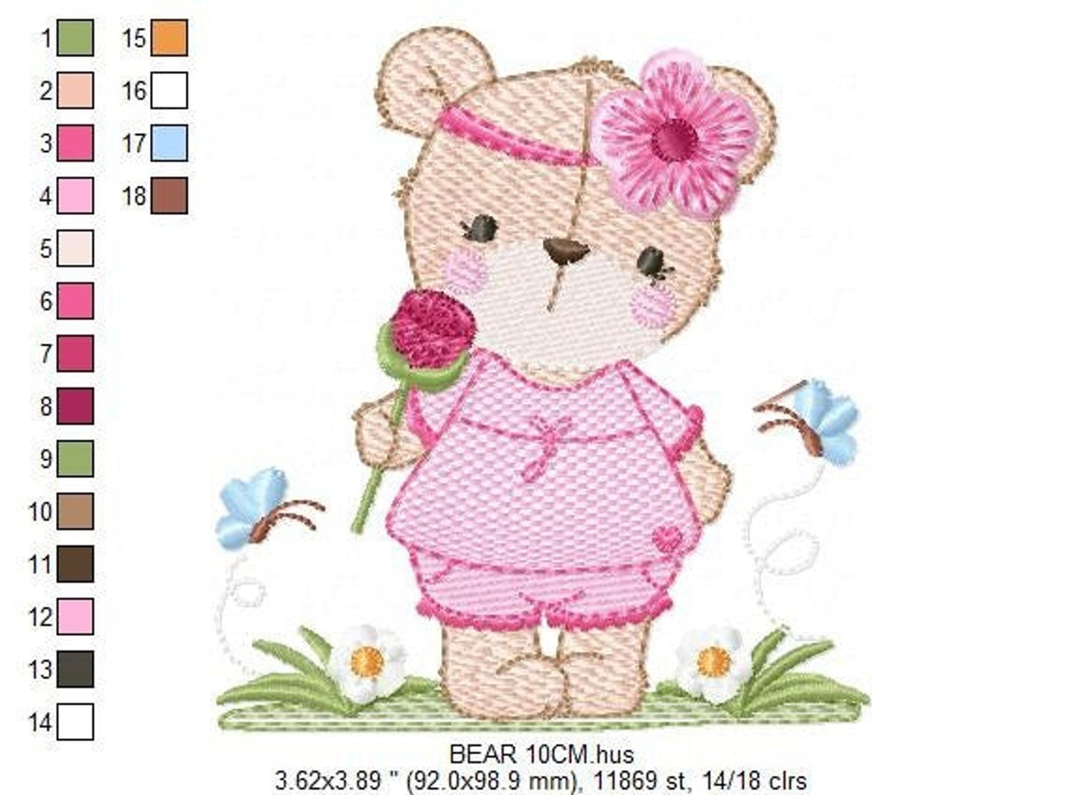 Smaller size teddy bear embroidery design sample, thread key at left, holding a rose with butterfly accents