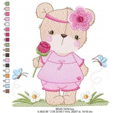 Nursery teddy bear embroidery design sample, soft childlike style, pink outfit, flower on head and little butterfly