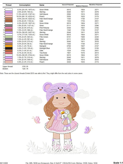 Girl winter hat embroidery design, 4 inch, 5 inch hoop, machine digital file