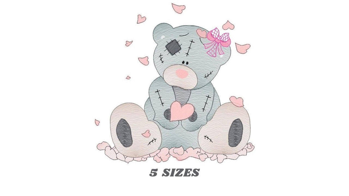 Small centered rippled teddy bear holding a pink heart, scattered petals and text '5 sizes', teddy bear embroidery design