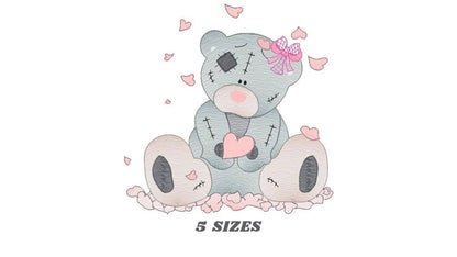 Small centered rippled teddy bear holding a pink heart, scattered petals and text '5 sizes', teddy bear embroidery design