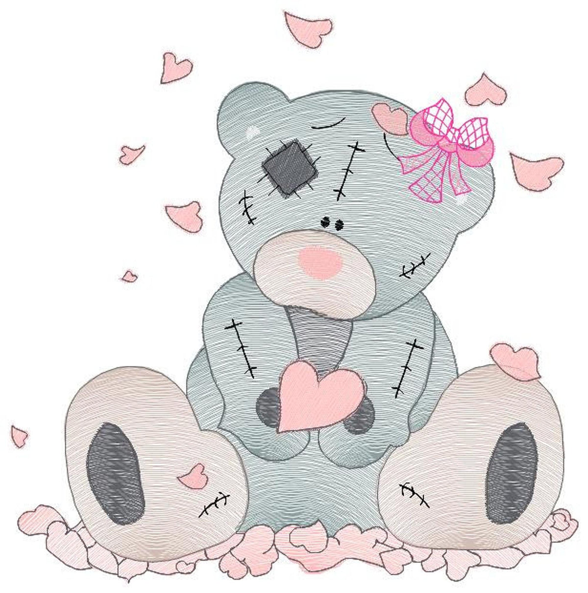 Close-up dusty teal ragged teddy with stitched patch, pink heart and falling petals, cute teddy bear embroidery design