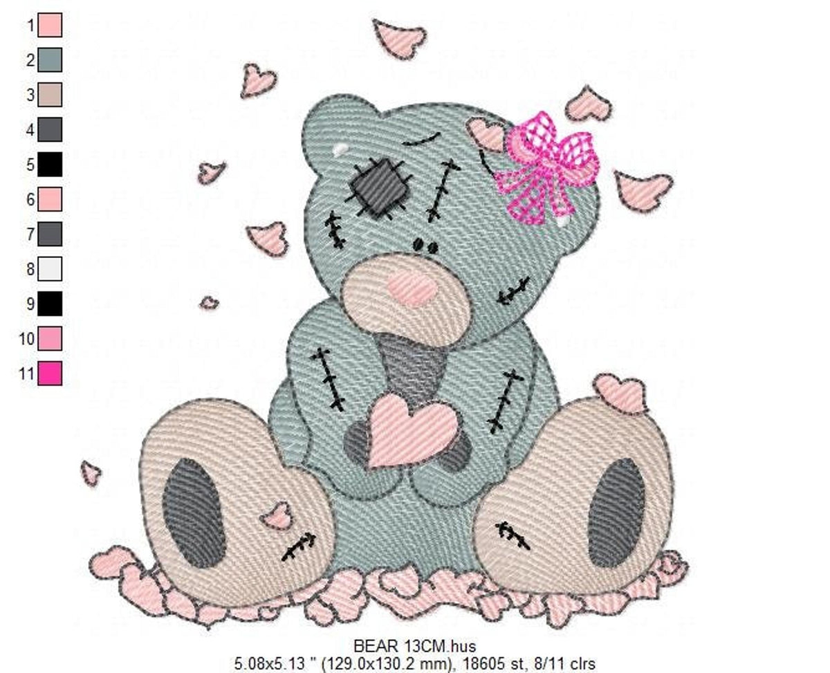 Medium sitting patched bear showing rippled fills and soft color palette, pink heart held, cute teddy bear embroidery pattern