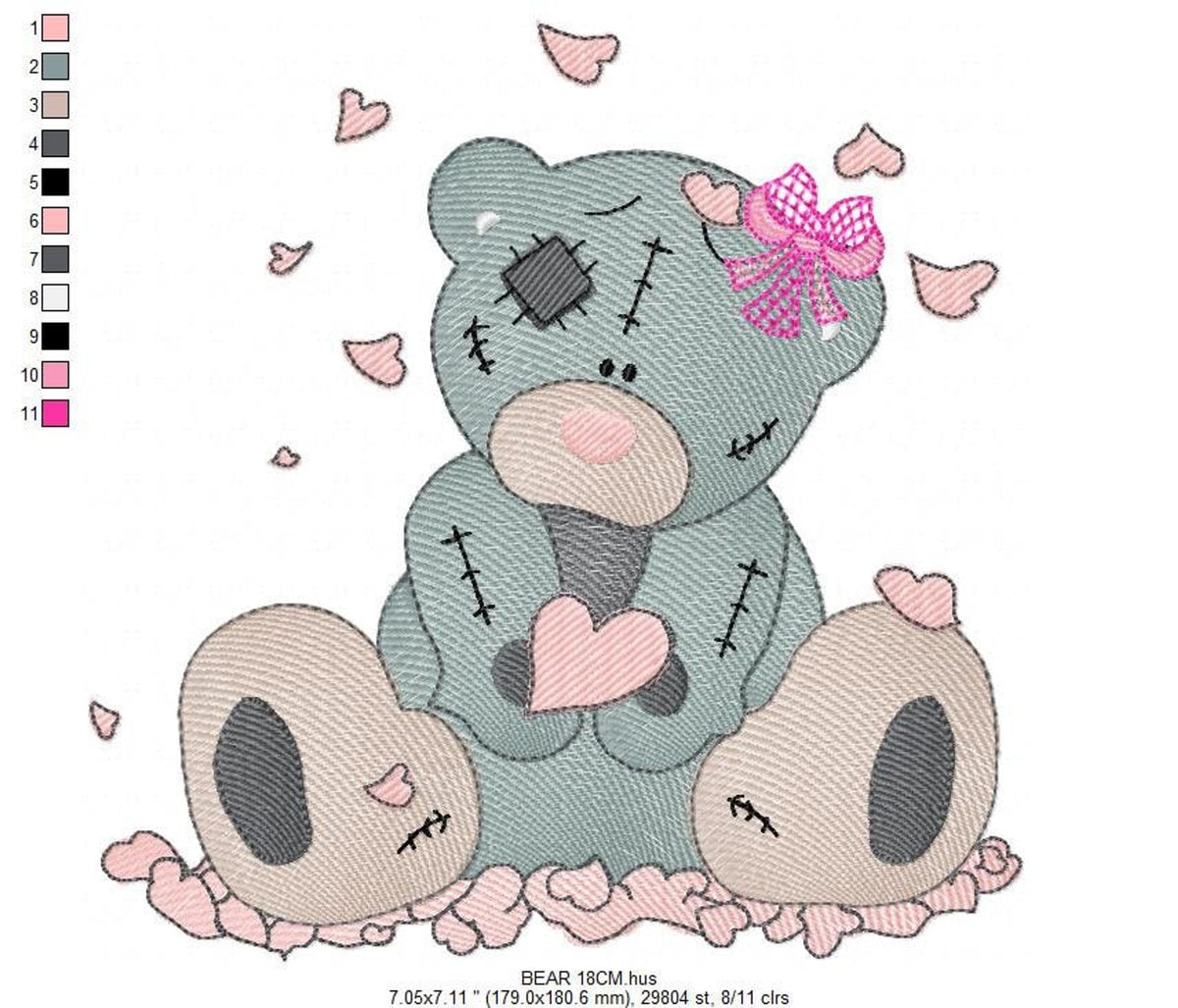 Sitting patched teddy with bright pink bow, color key at left and scattered petals, nursery embroidery design for baby girl