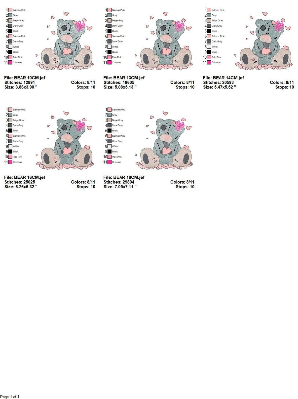 Grid of thumbnails showing all five sizes, color charts and included formats, downloadable teddy bear embroidery design pack