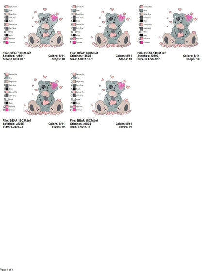 Grid of thumbnails showing all five sizes, color charts and included formats, downloadable teddy bear embroidery design pack