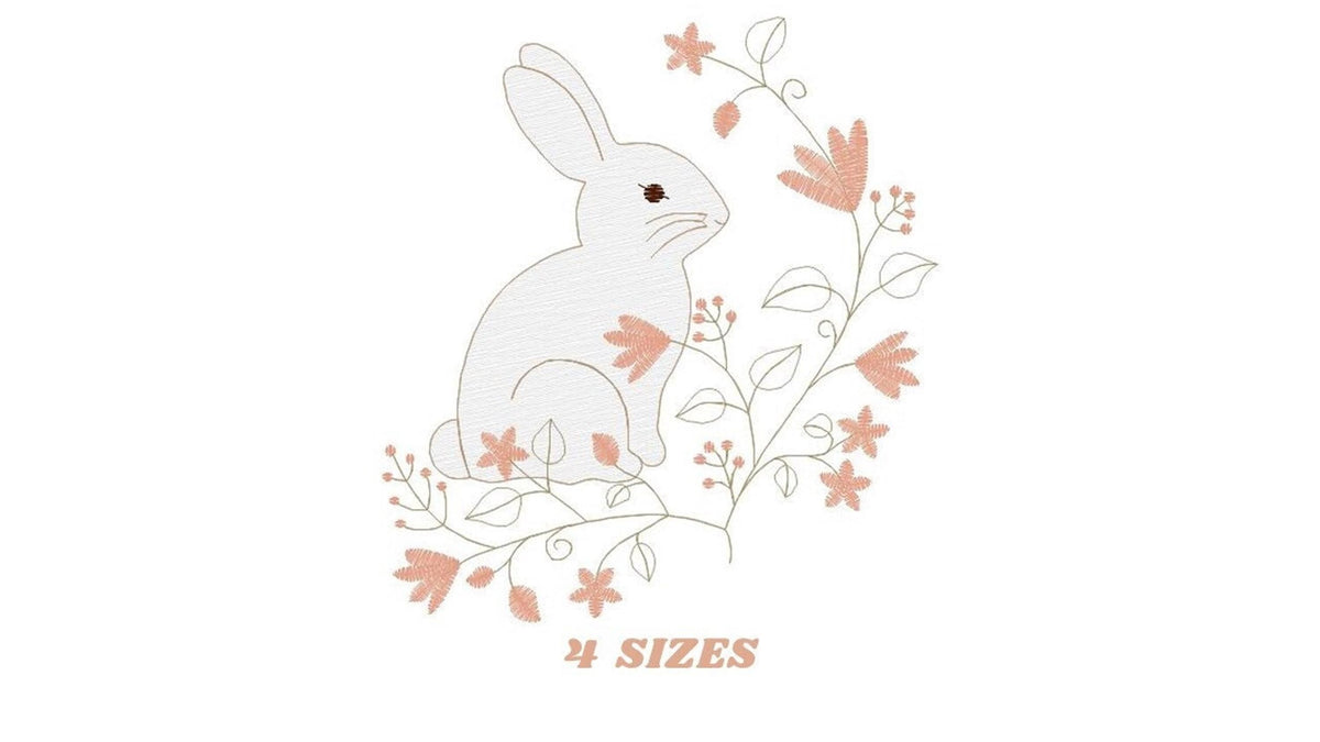 Small thumbnail preview showing sitting light grey bunny with peach florals and 4 sizes text, bunny embroidery design for machine embroidery