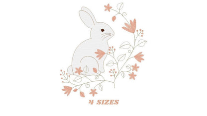Small thumbnail preview showing sitting light grey bunny with peach florals and 4 sizes text, bunny embroidery design for machine embroidery