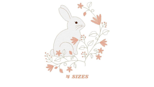 Small thumbnail preview showing sitting light grey bunny with peach florals and 4 sizes text, bunny embroidery design for machine embroidery