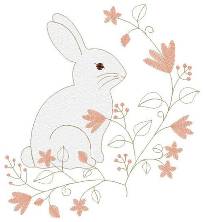 Close-up of light grey bunny with rippled fill stitch, tiny pink nose and peach blossoms, rabbit embroidery design for machine embroidery