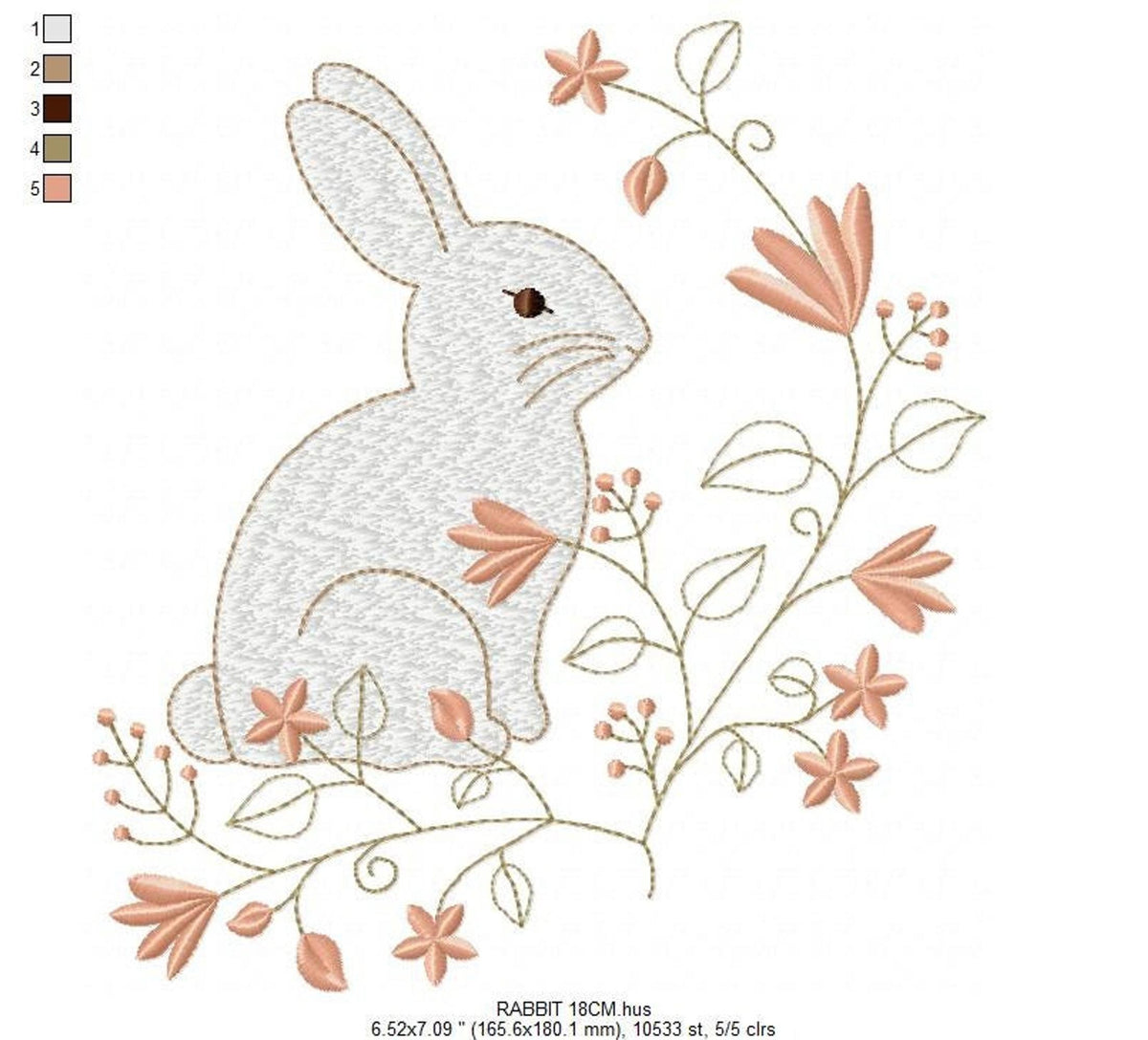 Larger hoop sample showing seated bunny and swirling arabesque foliage, spring bunny embroidery pattern ready for machine embroidery