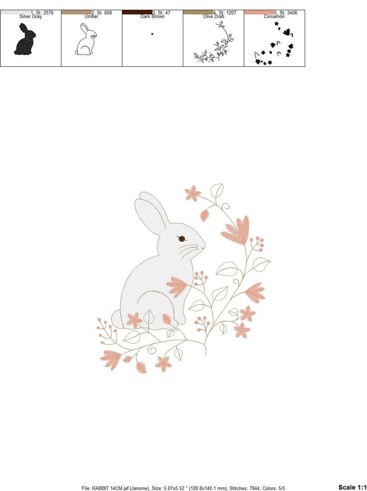 Compact preview with design and small text strip below, easter bunny embroidery design with soft peach flowers, bunny embroidery design for machine embroidery