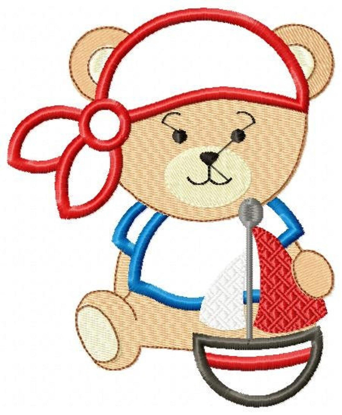 Close-up sitting pirate bear embroidery design, red bandana, blue and white sailor outfit, holding sailboat