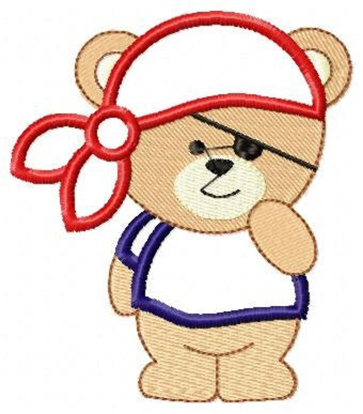 Smiling pirate bear embroidery design variant, red bandana, paw near face, playful sailor motif