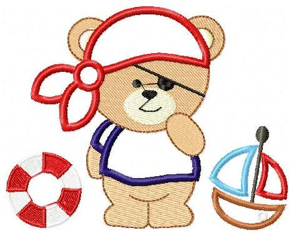 Pirate bear embroidery design with eyepatch, standing beside lifebuoy and small sailboat, applique style