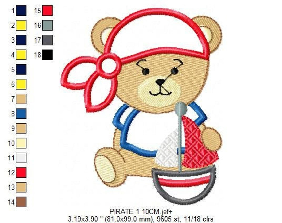 Small pirate bear embroidery design, color key at side, machine embroidery digital download preview