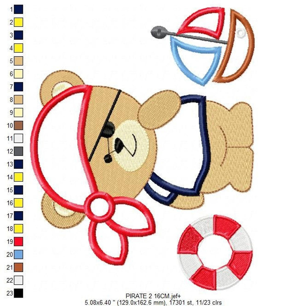 Sideways pirate bear embroidery design preview, rotated teddy with matching boat and life preserver