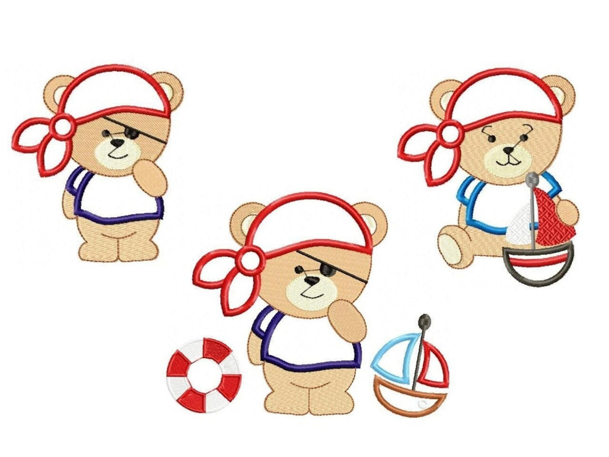 Three tiny pirate bear embroidery design thumbnails, applique versions for baby boy nautical projects