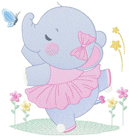 Close-up showing rippled line-fill stitching, baby elephant embroidery design in soft pastel threads, pink bow detail