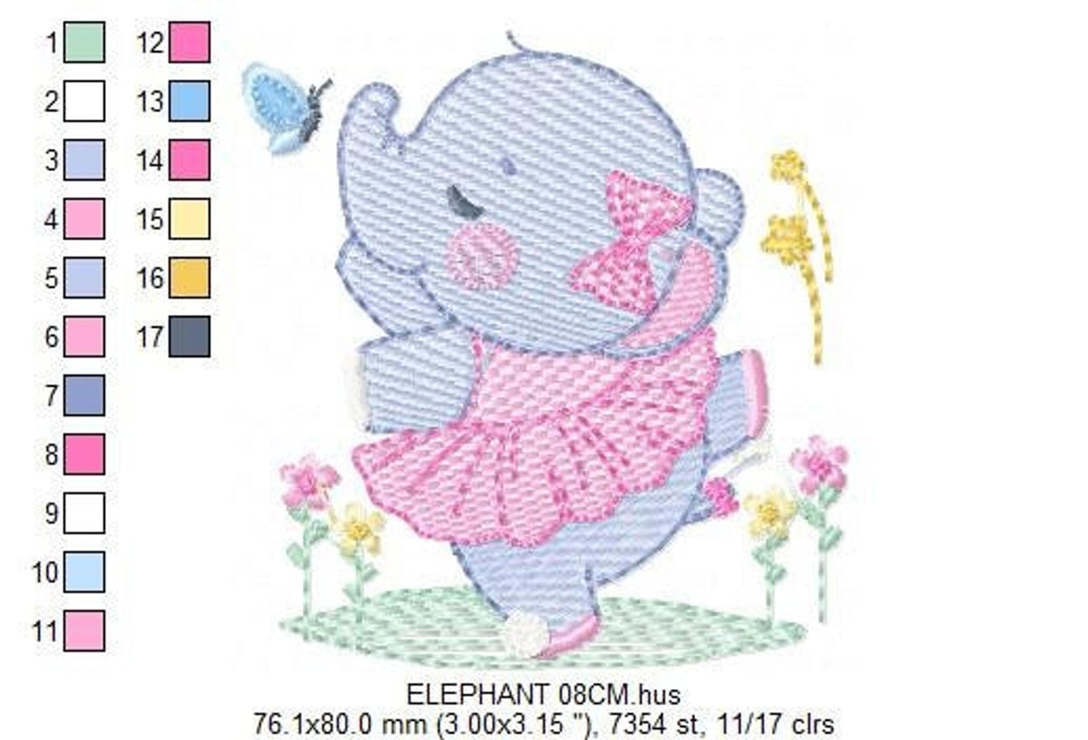 Small hoop sample with stitch count and color blocks, ballerina elephant machine embroidery offered in multiple formats