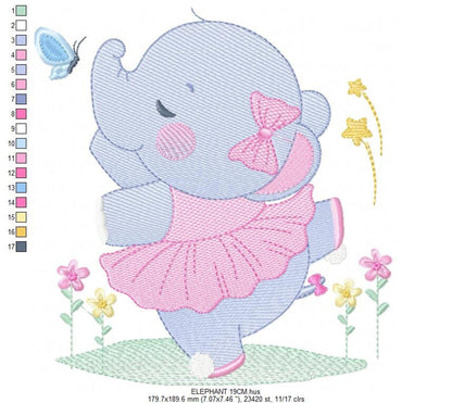 Large hoop size preview, elephant ballerina applique style, pink tutu and ballet shoes detailed in stitching