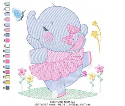 Stitch color list beside finished design, instant download embroidery design listing for a cute baby girl pattern