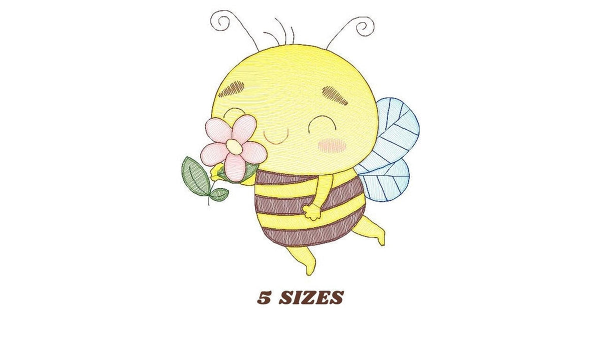 Cute Bee Embroidery Design, rippled pattern, 5 sizes digital file