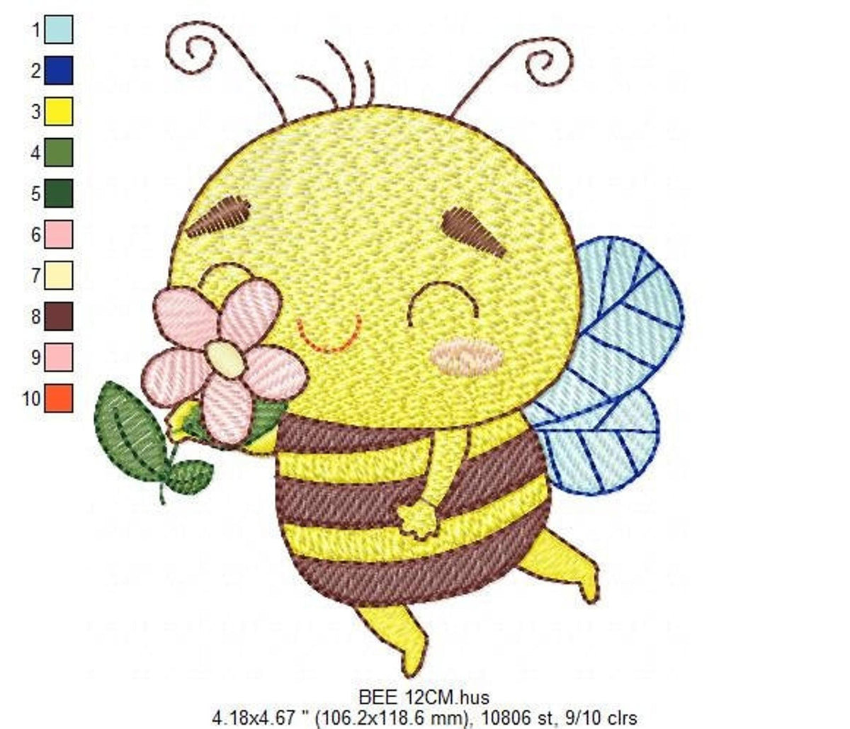Cute Bee Embroidery Design, rippled pattern, 5 sizes digital file