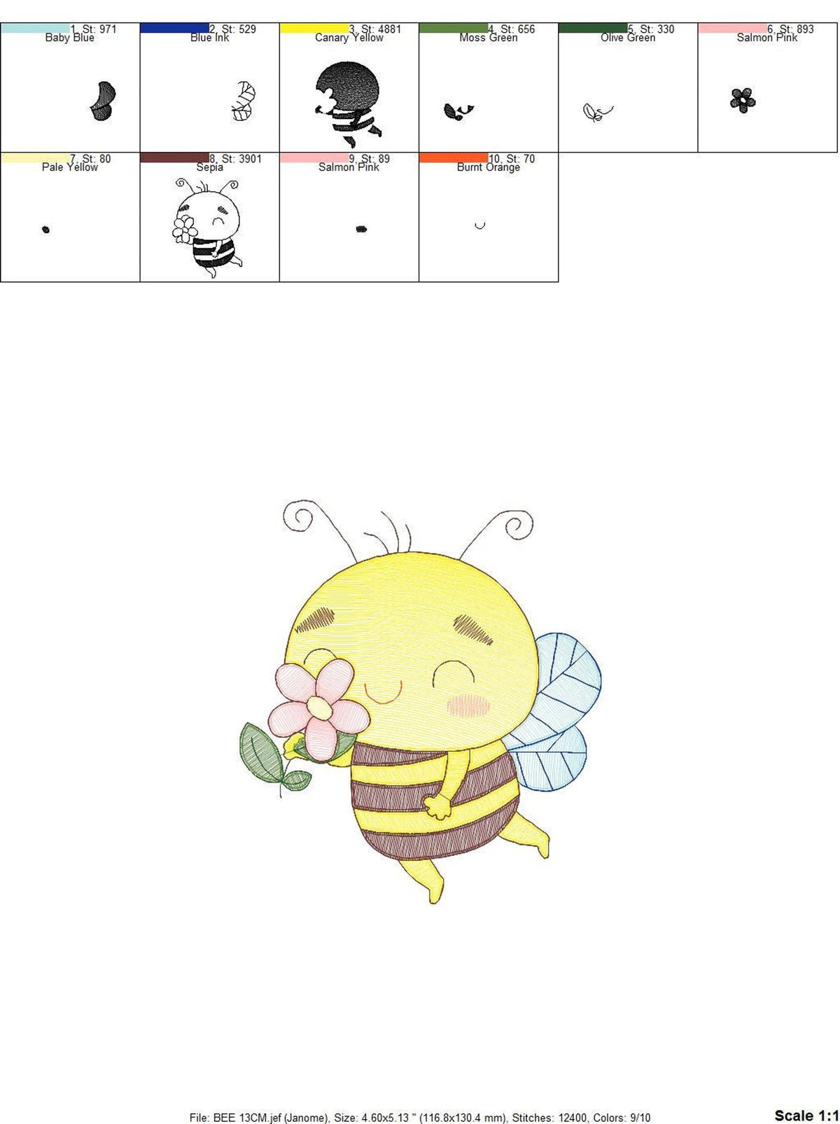 Cute Bee Embroidery Design, rippled pattern, 5 sizes digital file