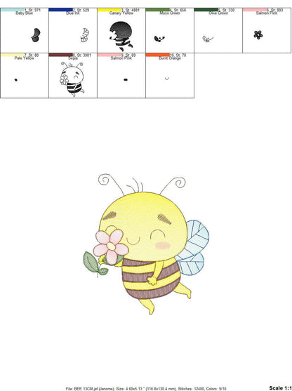 Cute Bee Embroidery Design, rippled pattern, 5 sizes digital file