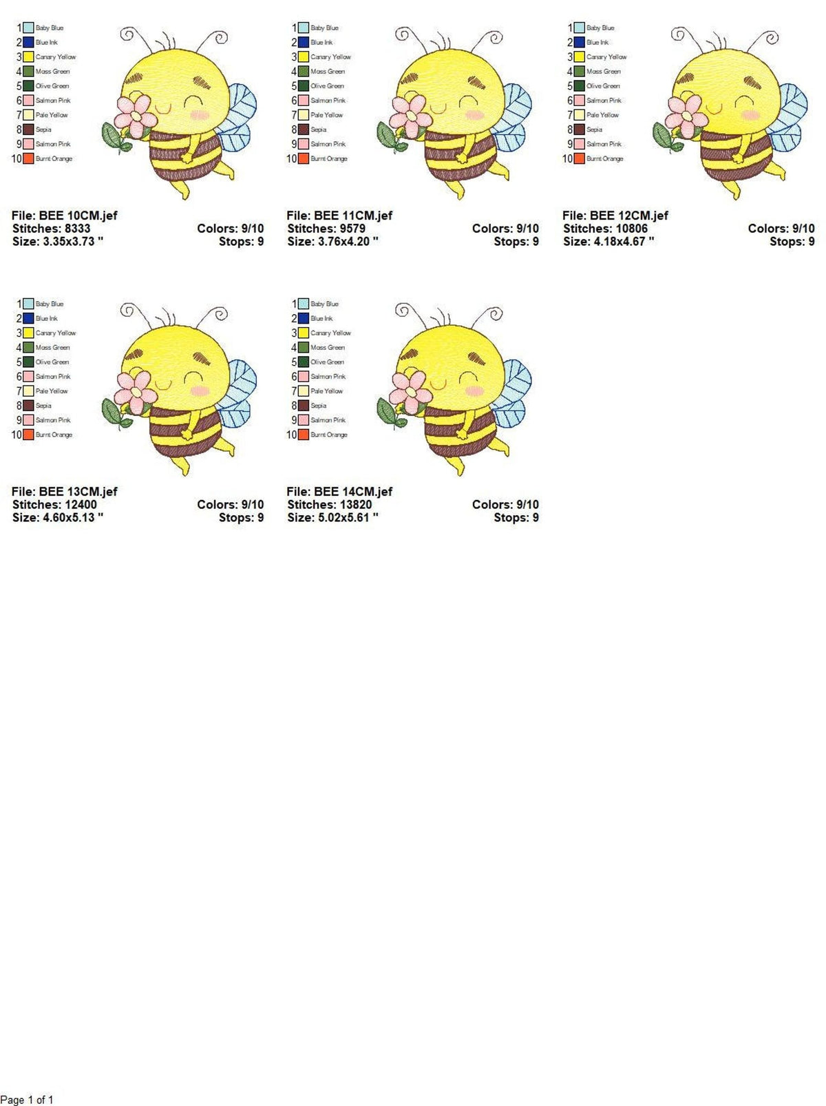 Cute Bee Embroidery Design, rippled pattern, 5 sizes digital file
